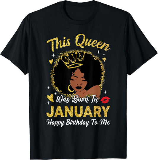 This Queen was Born in January Birthday Afro Woman Girl T-Shirt - T-Shirt | Black
