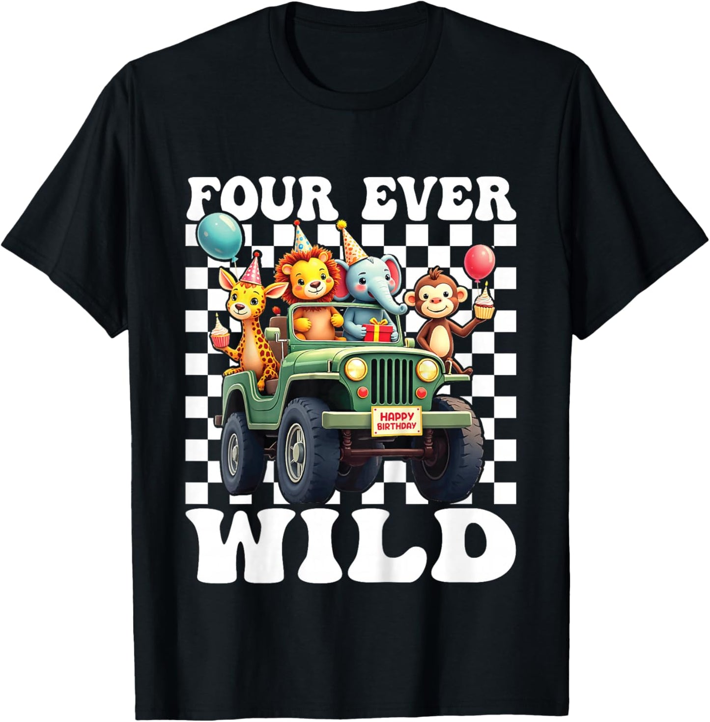 Four Ever Wild 4th Birthday 4 Year Old Birthday Zoo Safari T-Shirt - T-Shirt | Black