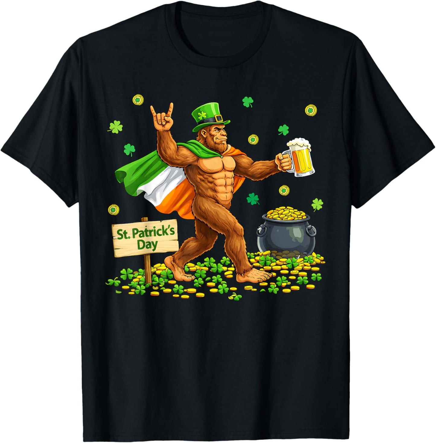 Bigfoot St Patrick's Day Irish Flag Cape Beer Rock Sasquatch T-Shirt - T-Shirt | Black