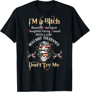 Back I'm A Btch Beautiful Intelligent Skeleton MessyBun Flag T-Shirt - T-Shirt | Black
