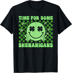Shamrock Smile Face St Patricks Time for Some Shenanigans T-Shirt - T-Shirt | Black