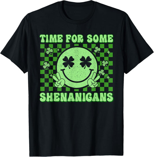 Shamrock Smile Face St Patricks Time for Some Shenanigans T-Shirt - T-Shirt | Black