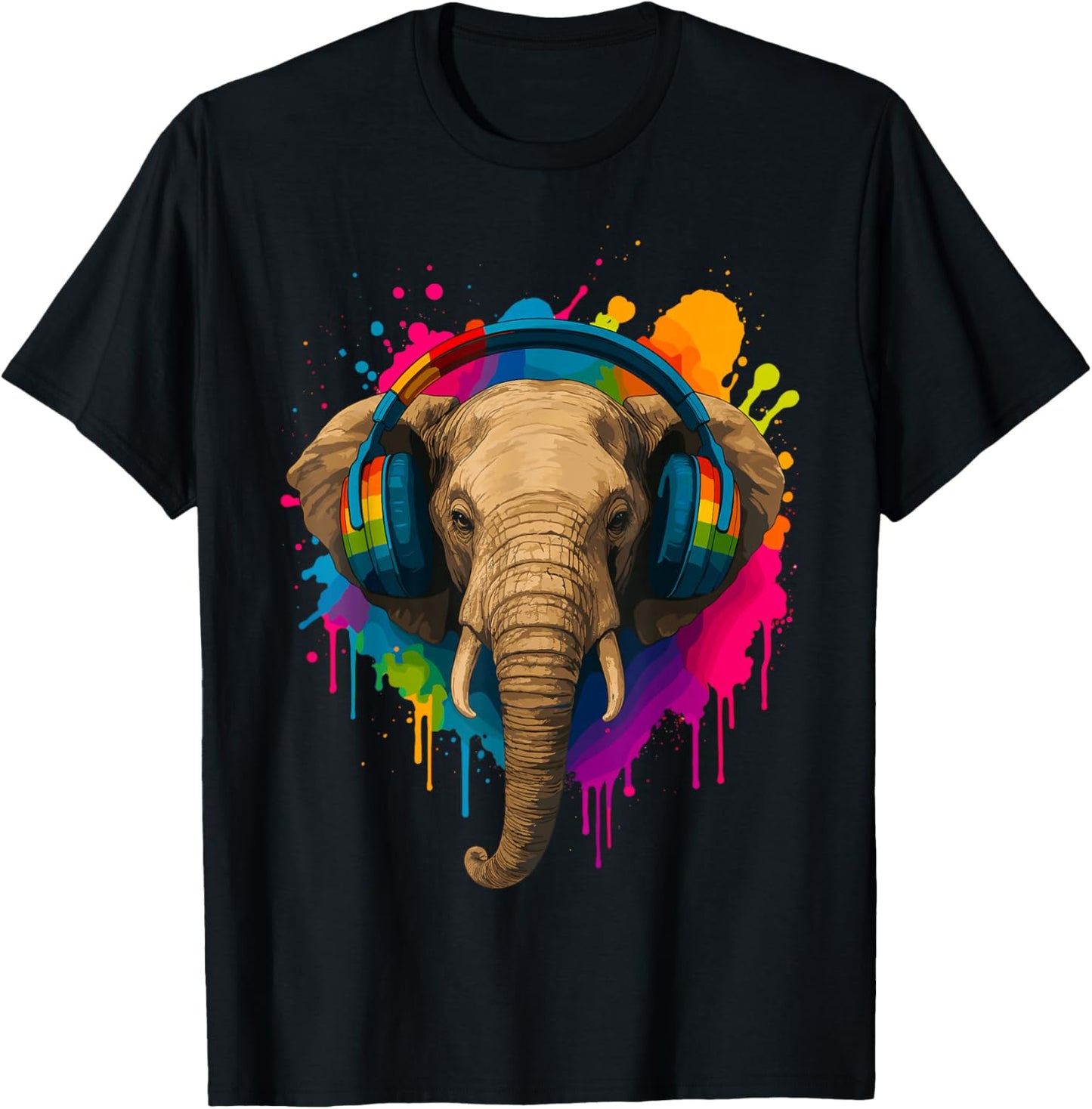 Elephant with Music Headphones T-Shirt - T-Shirt | Black