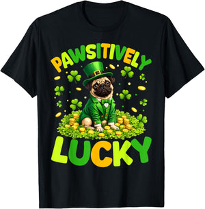 Pawsitively Lucky Pug Leprechaun St Patricks Day Dog Pet T-Shirt - T-Shirt | Black