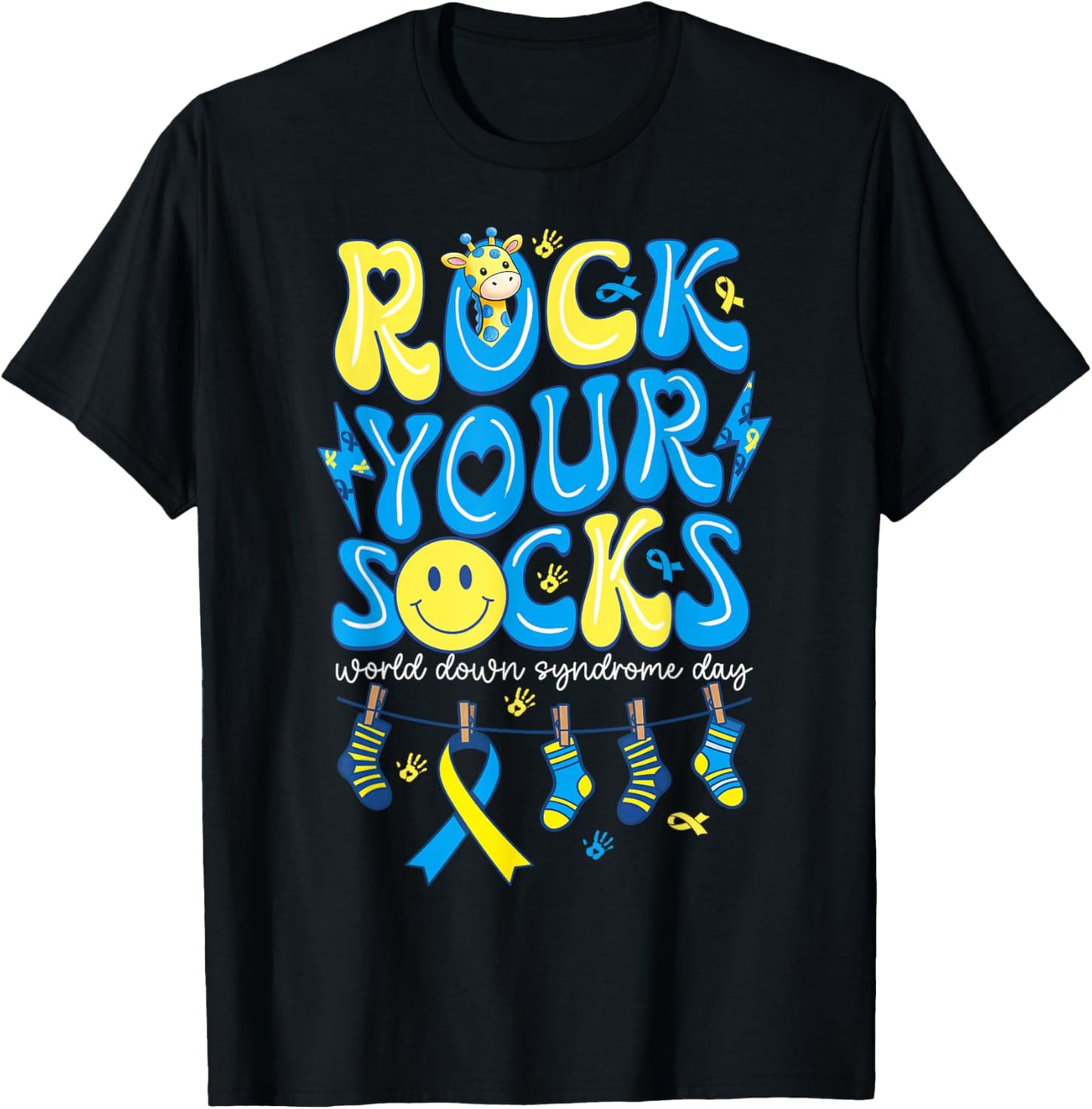 Rock Your Socks World Down Syndrome Day Blue Yellow Ribbon T-Shirt - T-Shirt | Black