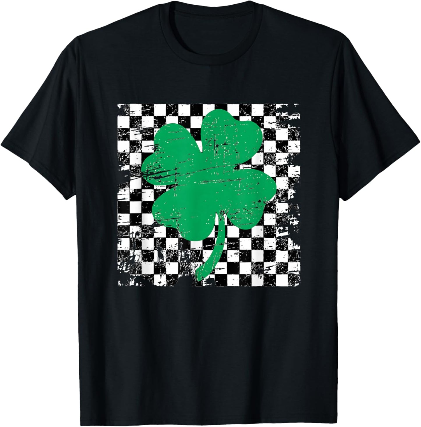 St. Patrick’s Green Clover Checker Design Retro Aesthetic T-Shirt - T-Shirt | Black