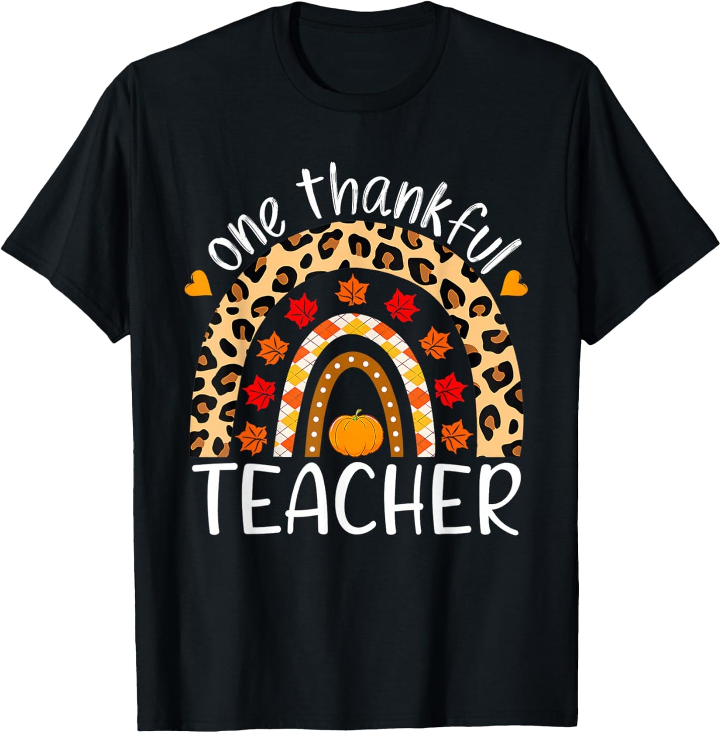 One Thankful Teacher Thanksgiving Rainbow Leopard Fall T-Shirt - T-Shirt | Black
