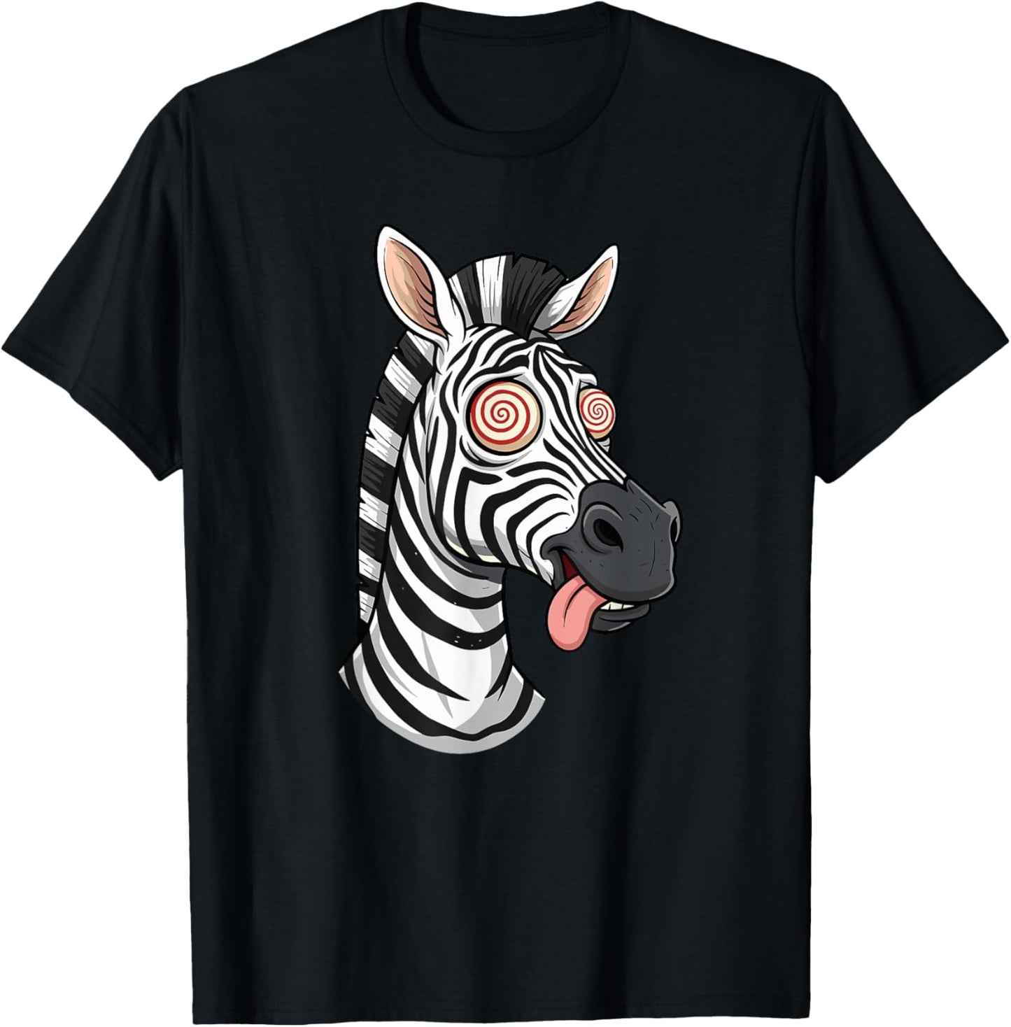 Crazy Zebra with Swirl Eyes Tongue Out T-Shirt - T-Shirt | Black