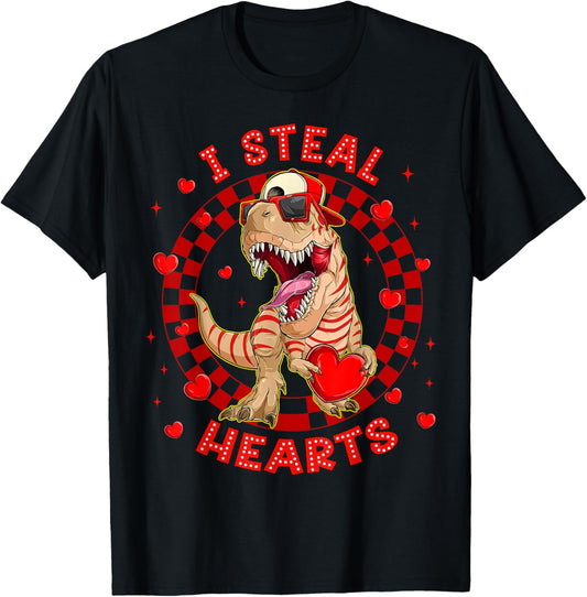 Happy Valentine I Steal Hearts Trex Funny Dinosaur Men Women T-Shirt - T-Shirt | Black