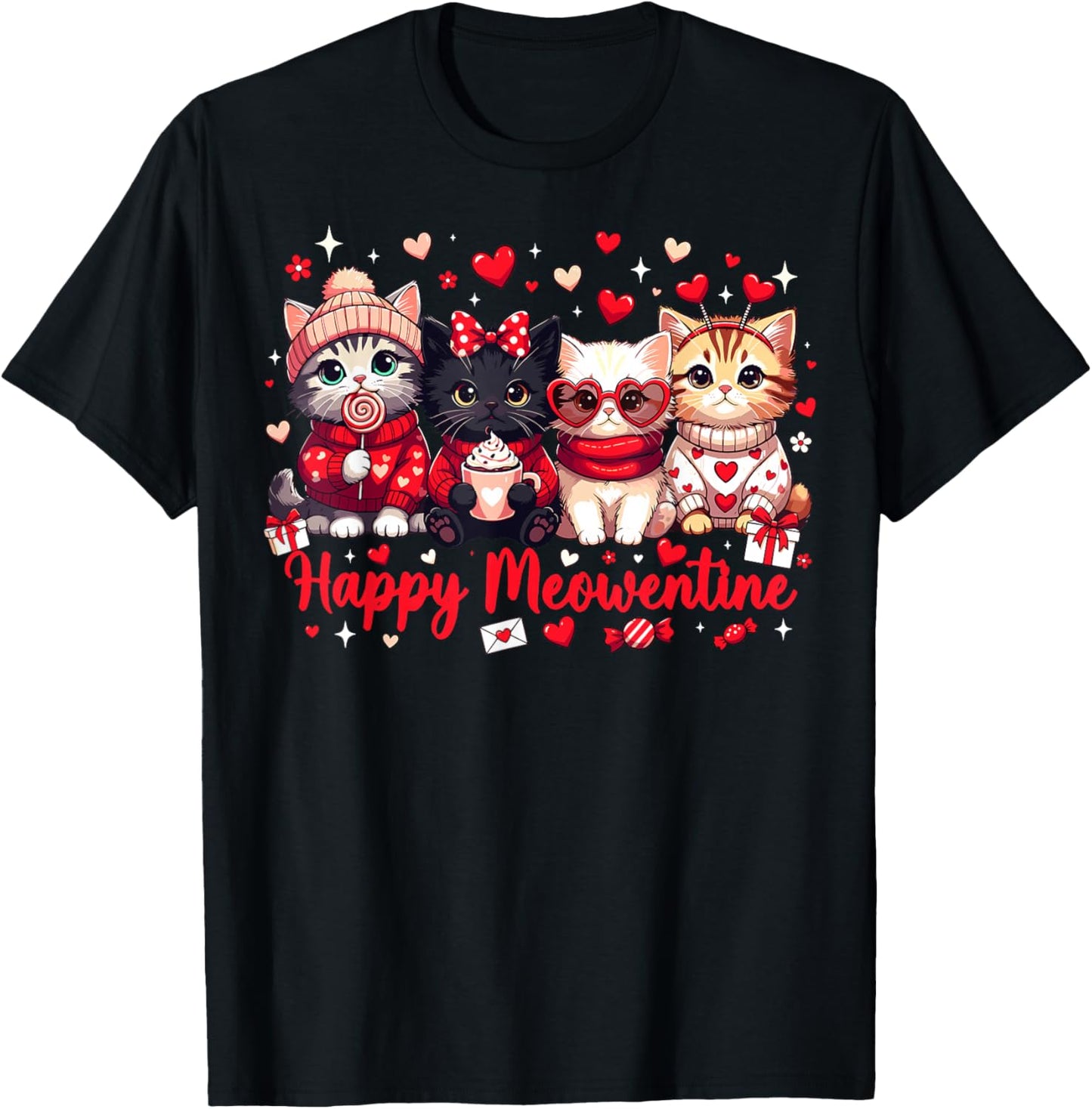 Happy Meowentine Cute Cat Lover Valentine Heart T-Shirt - T-Shirt | Black