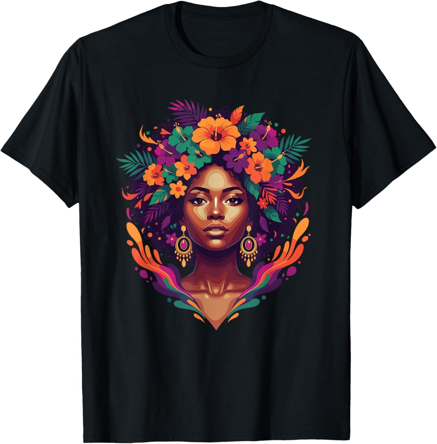 African American Afro Woman Floral Hibiscus Crown T-Shirt - T-Shirt | Black