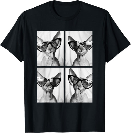 Sphynx Cats with Hearts Sunglasses Funny Valentine's Day T-Shirt - T-Shirt | Black