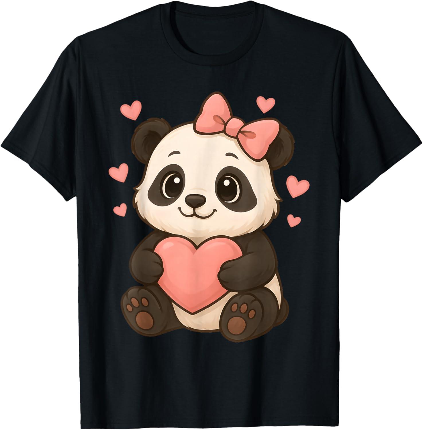 Panda with Heart and Bow Kawaii Graphic Women Girls T-Shirt - T-Shirt | Black