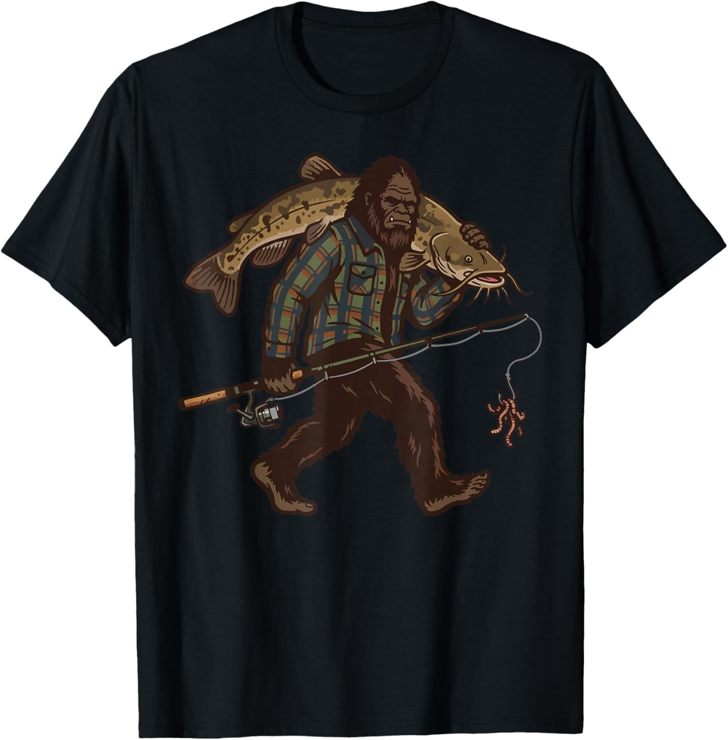 Bigfoot Carrying Flathead Catfish Trophy Fish Funny Fishing T-Shirt - T-Shirt | Black