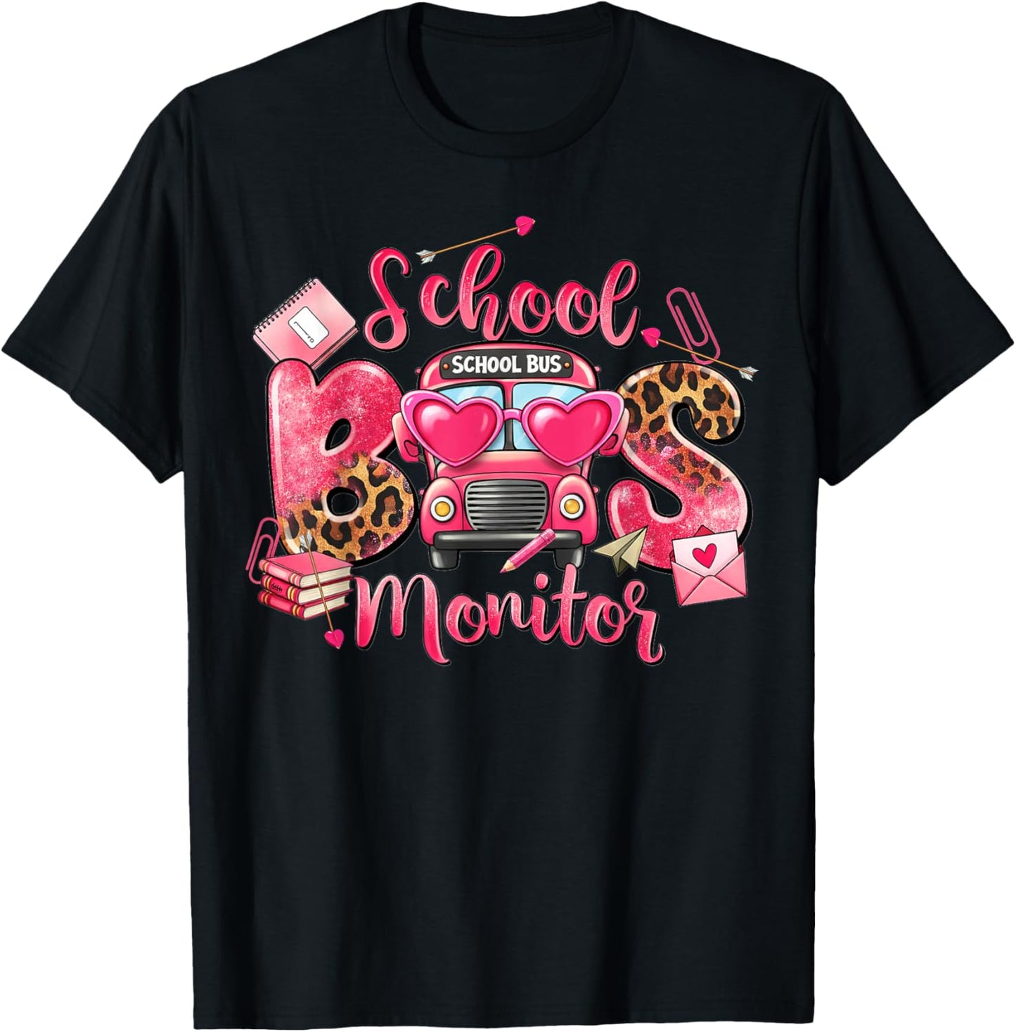 Leopard School Bus Monitor Bus Driver Valentines Student T-Shirt - T-Shirt | Black