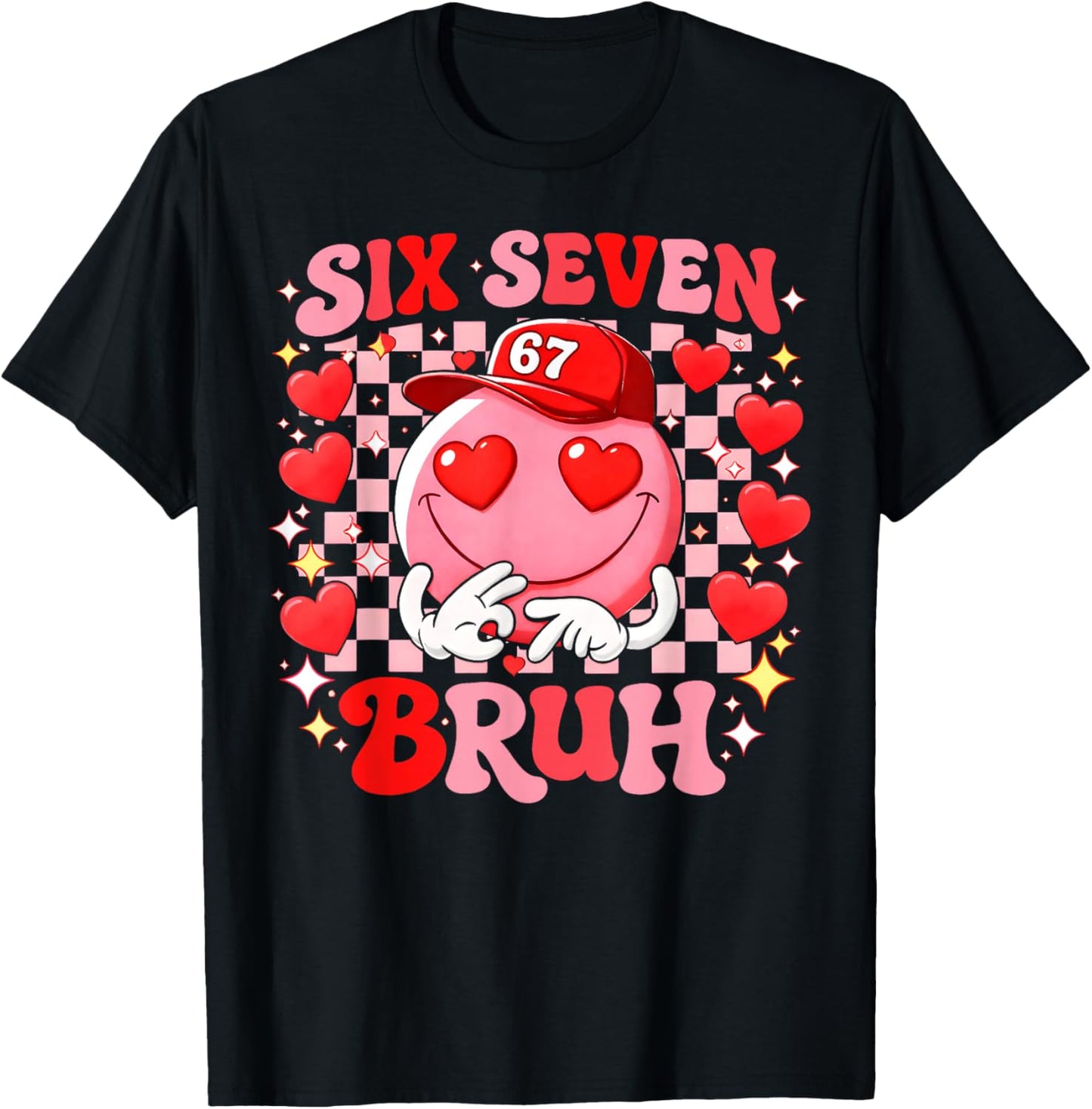 Valentine Groovy Smile Face Six Seven Bruh Heart Sunglasses T-Shirt - T-Shirt | Black