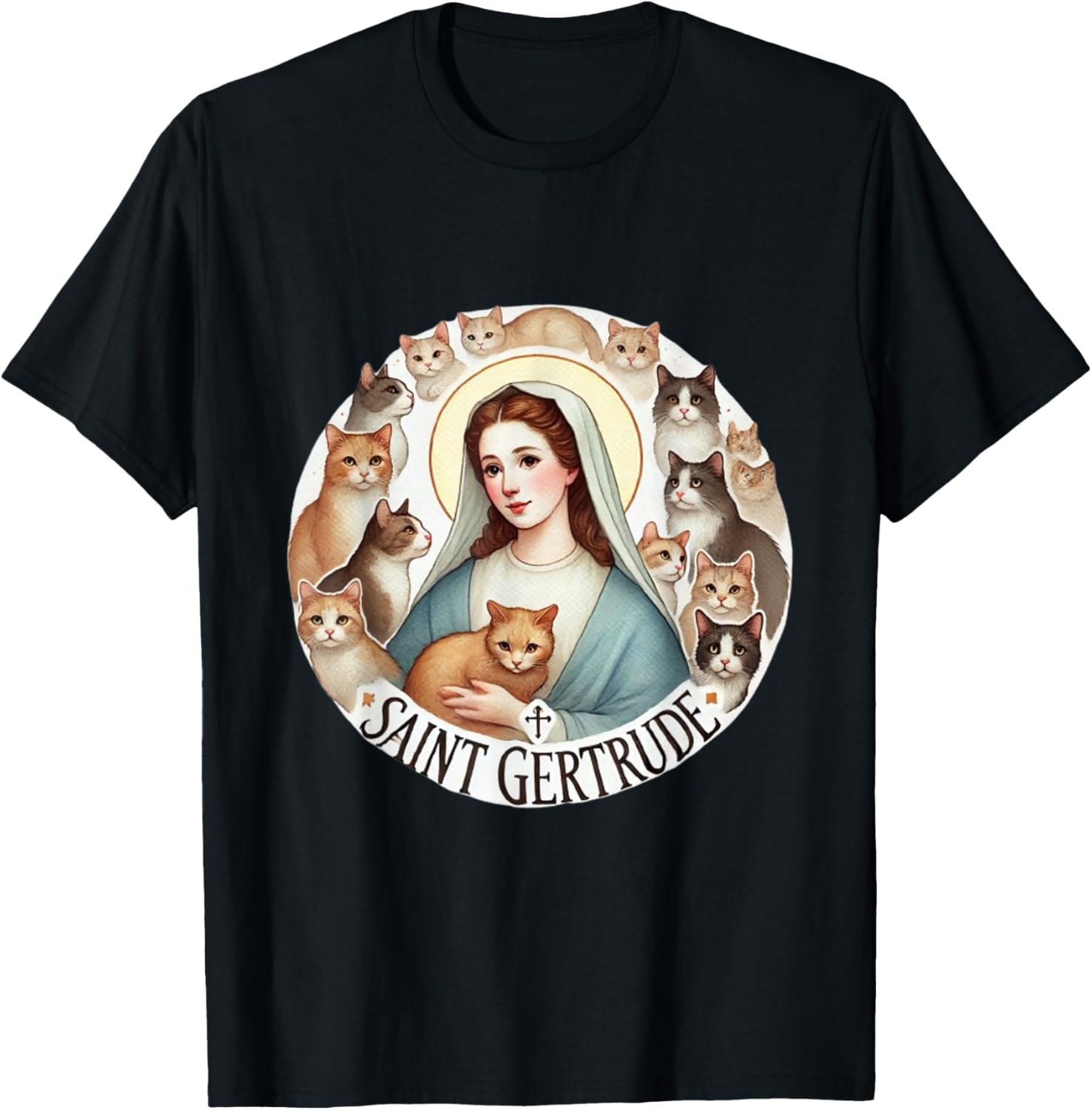 St Gertrude Patron Saint of Cats T-Shirt - T-Shirt | Black