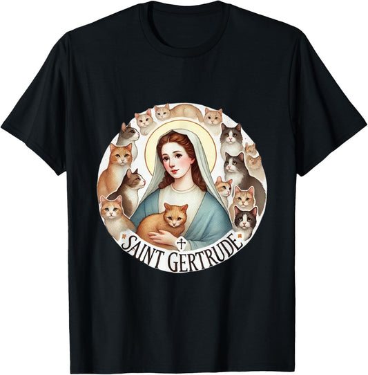 St Gertrude Patron Saint of Cats T-Shirt - T-Shirt | Black