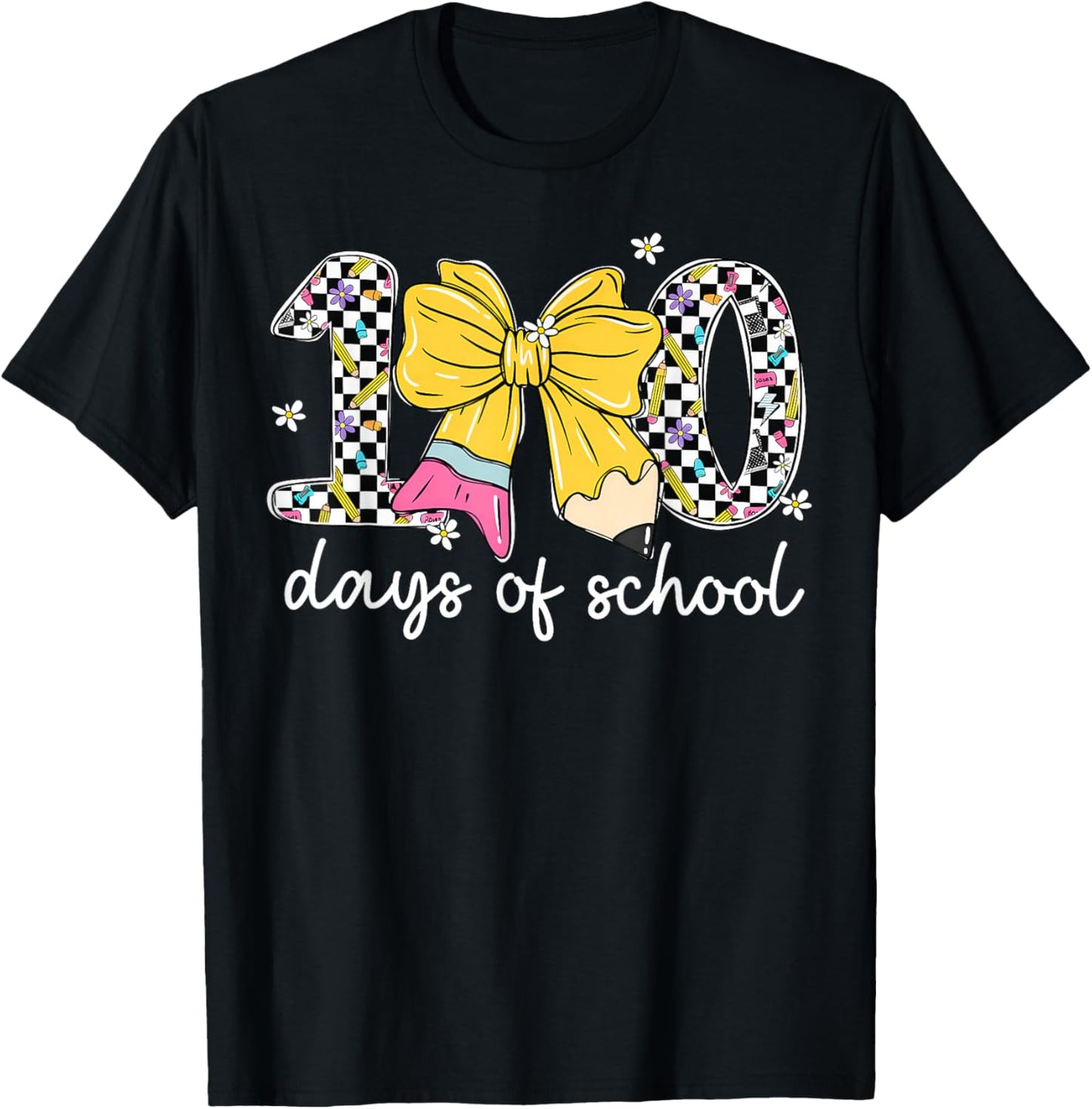 Floral Checkered 100 Days of School Pencil Bow Women Girl T-Shirt - T-Shirt | Black