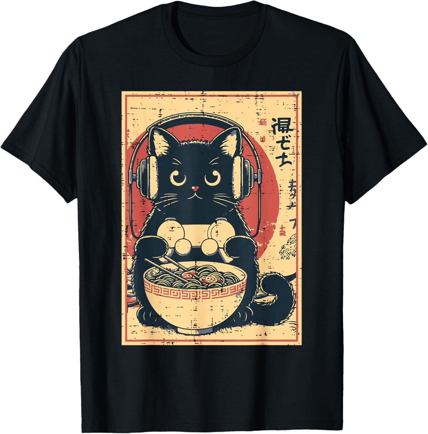 Japanese Cat Gamer Controller Ramen Gaming Art Men Boys Kids T-Shirt - T-Shirt | Black