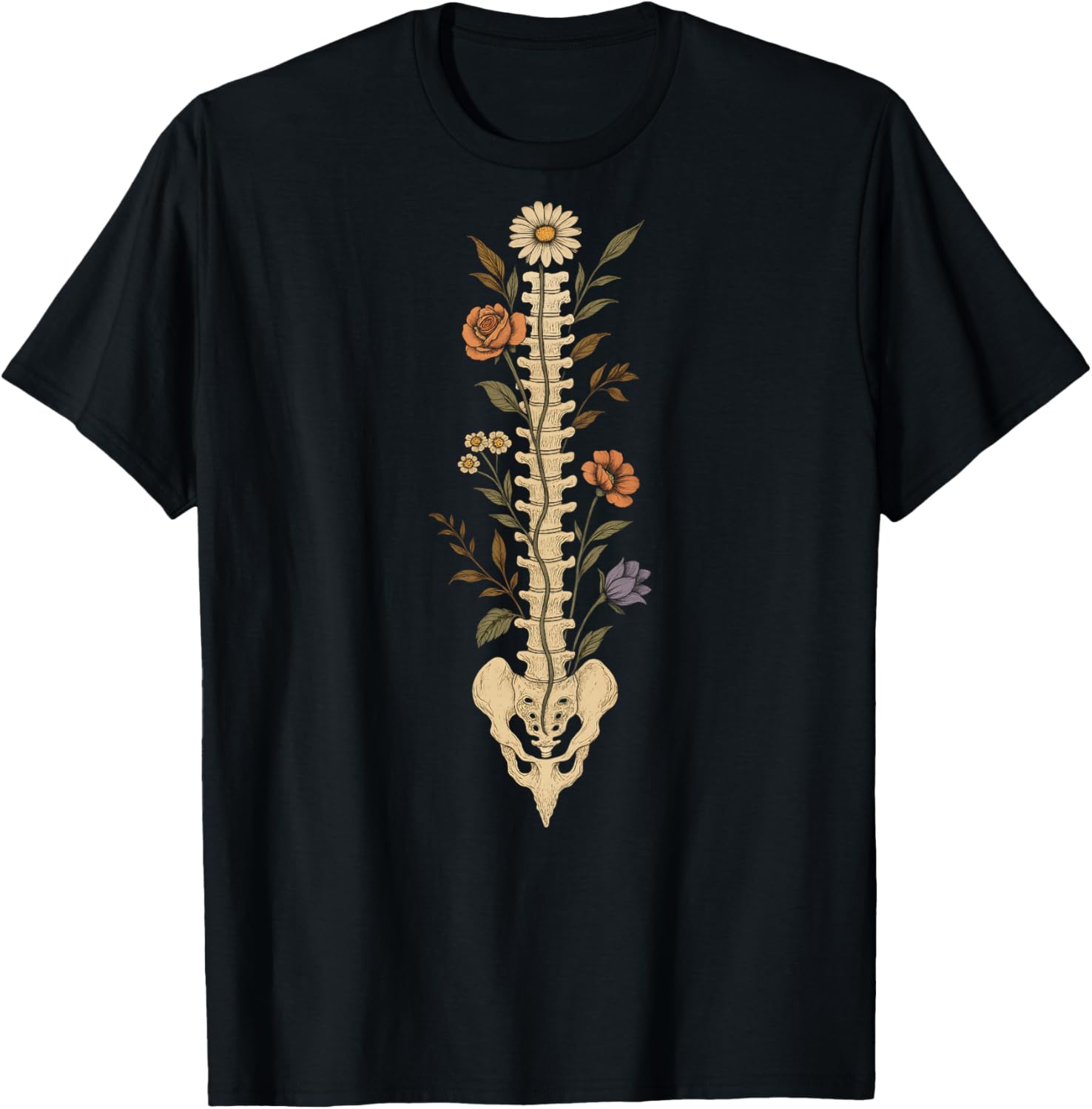 Floral Spine Skeleton Chiropractor Funny Halloween T-Shirt - T-Shirt | Black
