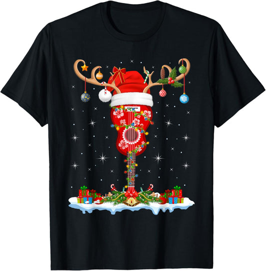 Ukulele Guitar Christmas Reindeer Santa Hat Hawaiian Xmas T-Shirt - T-Shirt | Black