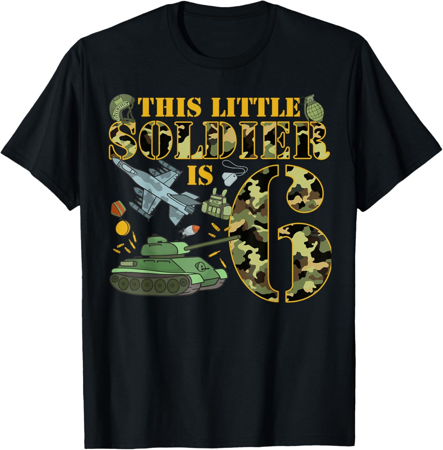 6 Years Old Soldier Birthday Boy 6th Birthday Camo T-Shirt - T-Shirt | Black