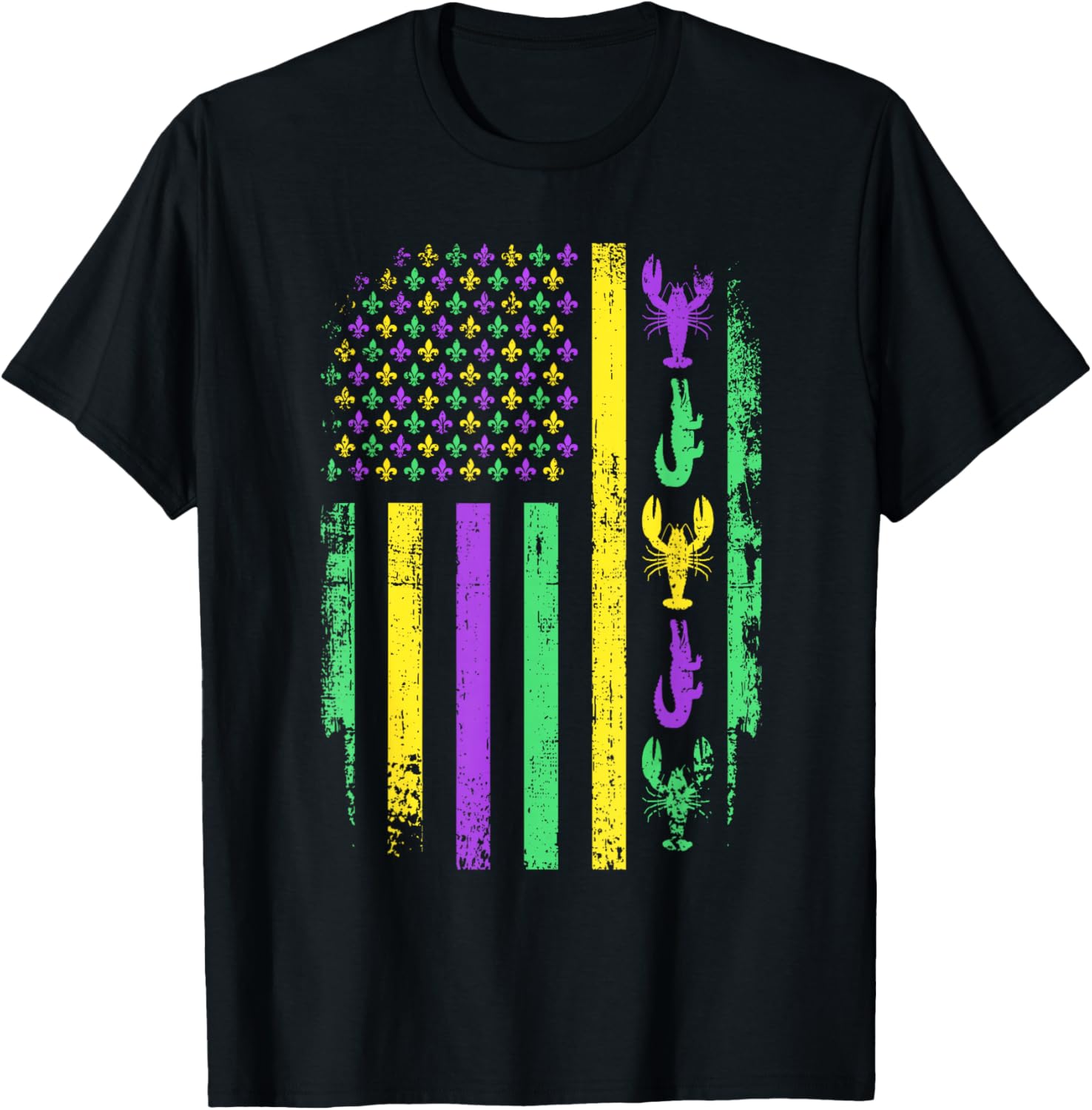 Carnival Mardi Gras American Flag Crawfish Alligator Parade T-Shirt - T-Shirt | Black