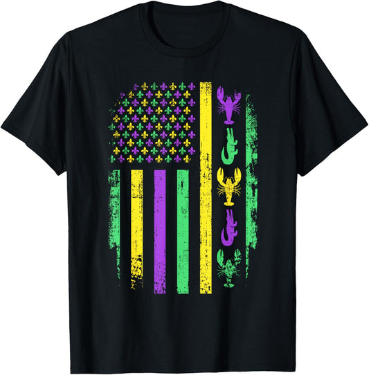 Carnival Mardi Gras American Flag Crawfish Alligator Parade T-Shirt - T-Shirt | Black