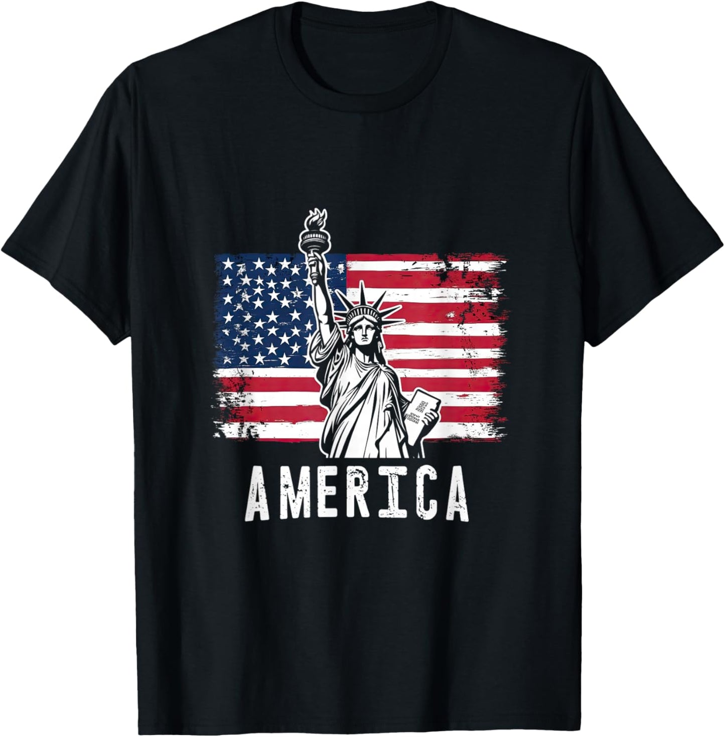 America Flag with Statue of Liberty Vintage Art T-Shirt - T-Shirt | Black