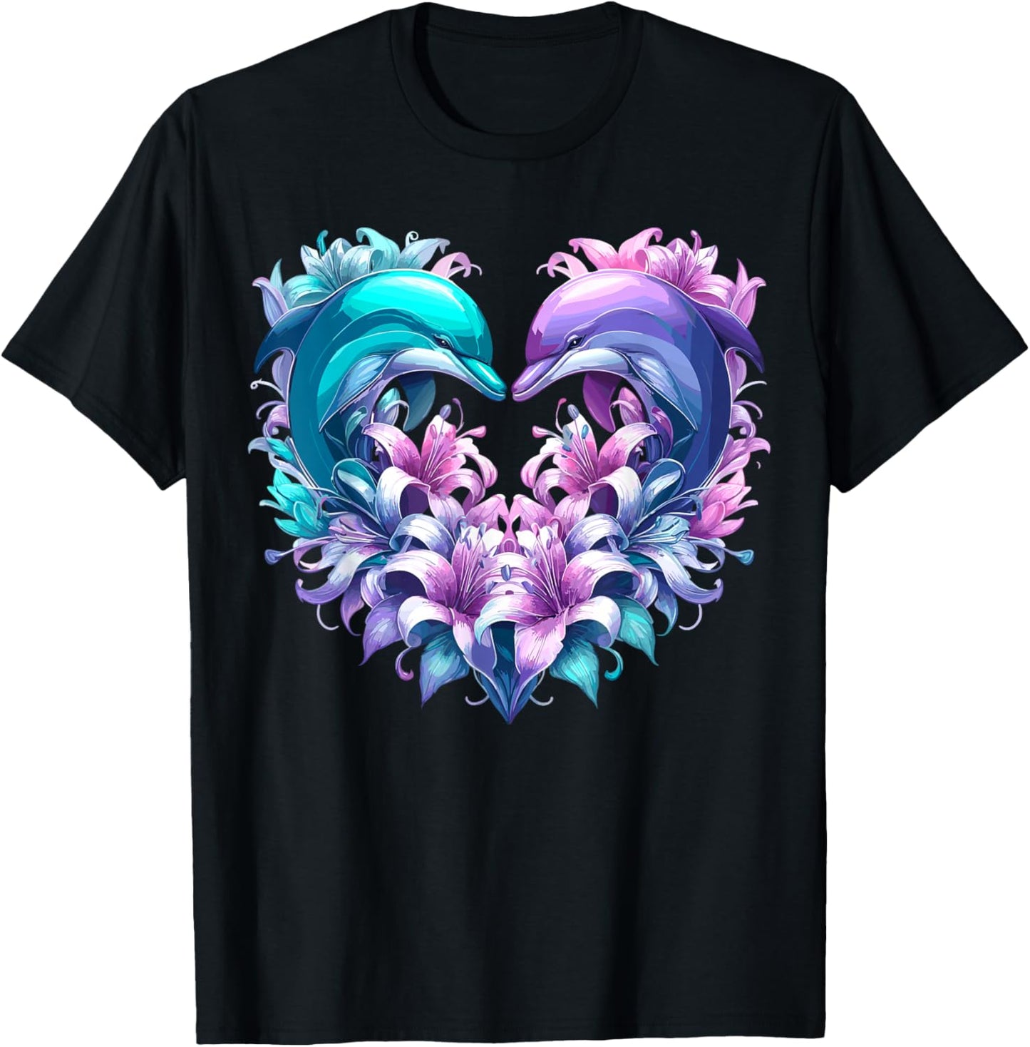 Dolphin Floral Ocean Animal T-Shirt - T-Shirt | Black