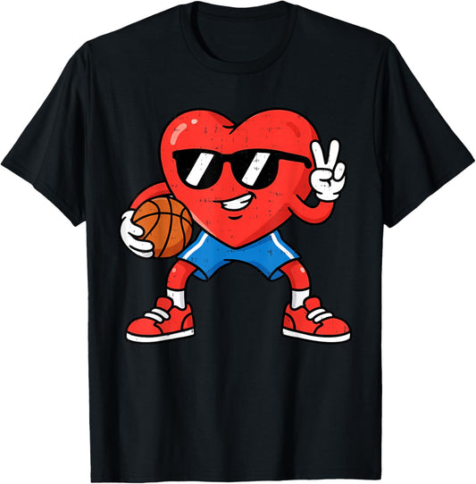 Boy Valentines Day Funny Heart Basketball Women Men Kids T-Shirt - T-Shirt | Black