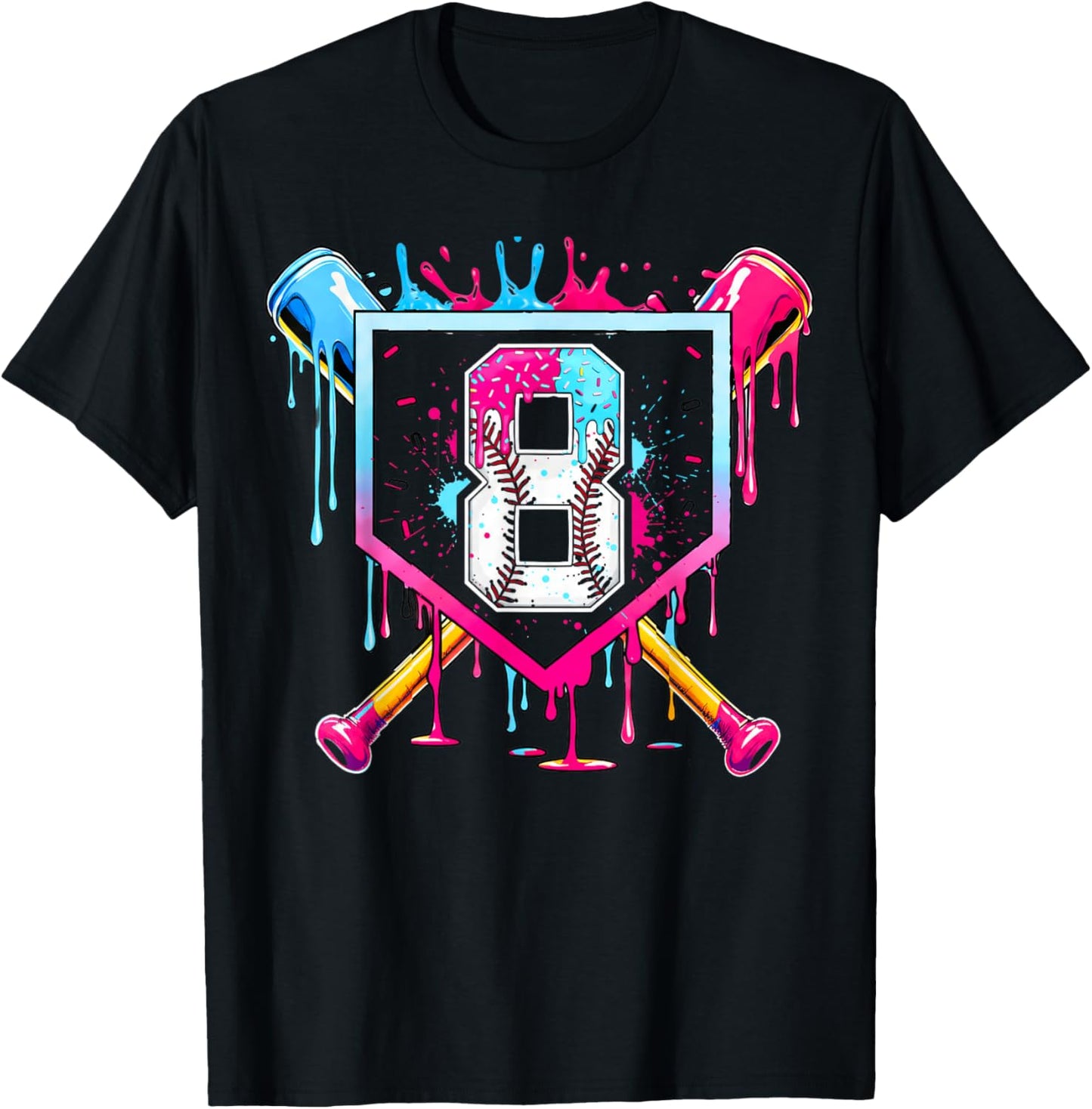 8th Birthday Boys Baseball Ice Cream Drip Boys Baseball T-Shirt - T-Shirt | Black