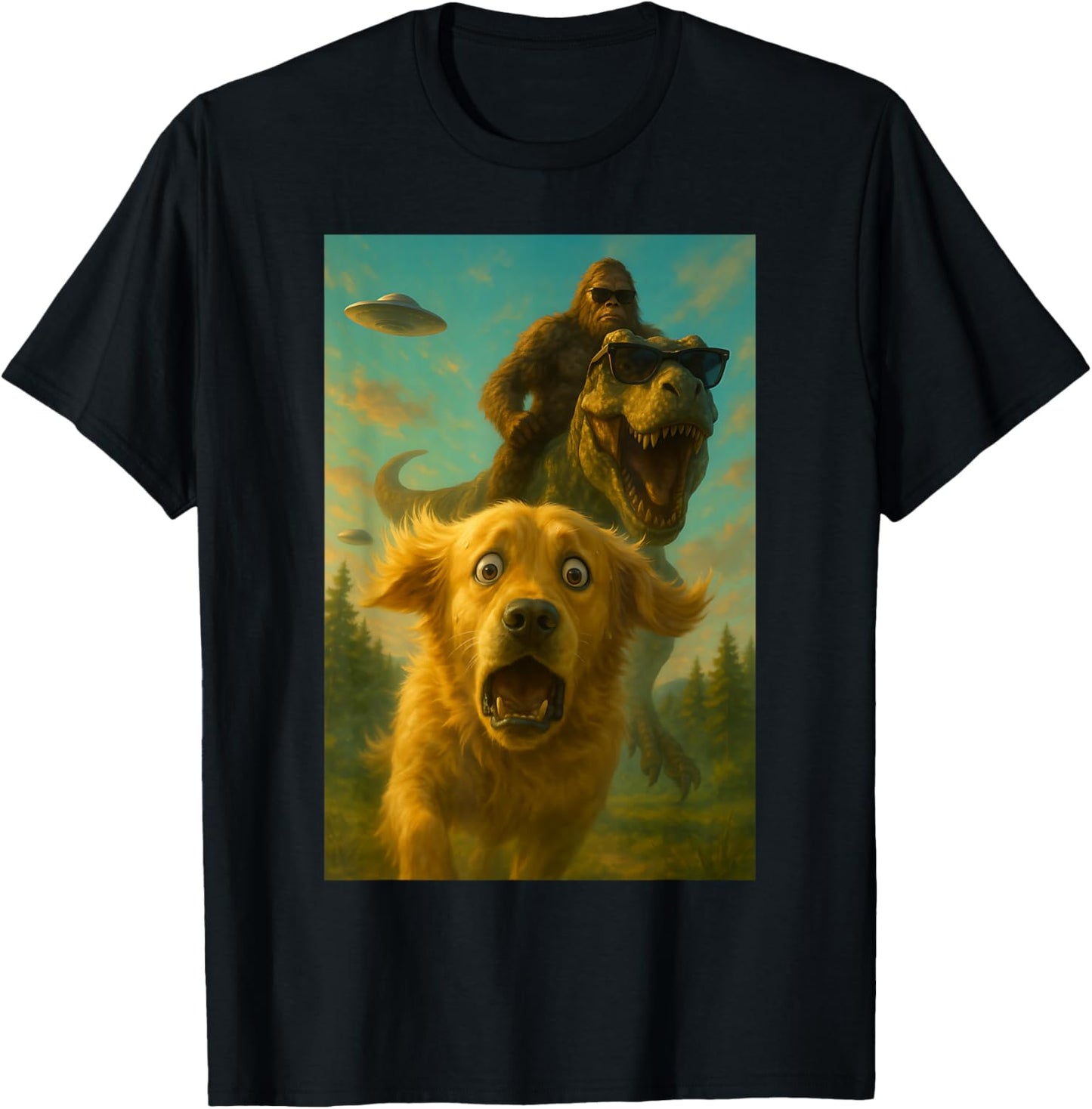 Terrified Golden Retriever T-Rex Bigfoot UFO Selfie Design T-Shirt - T-Shirt | Black
