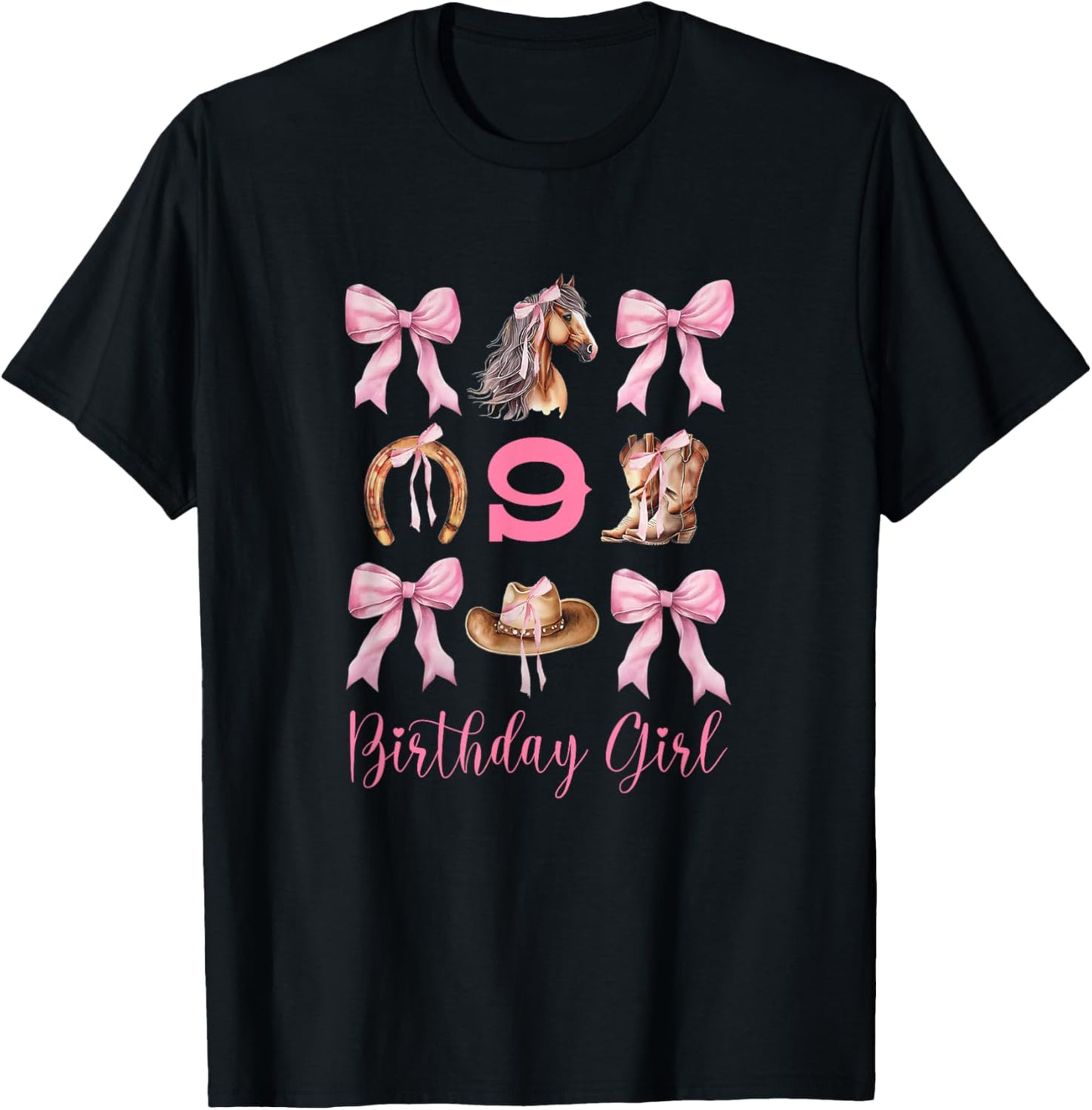 9th Birthday Western Pink Cowgirl Horse Coquette Bow Girl T-Shirt - T-Shirt | Black