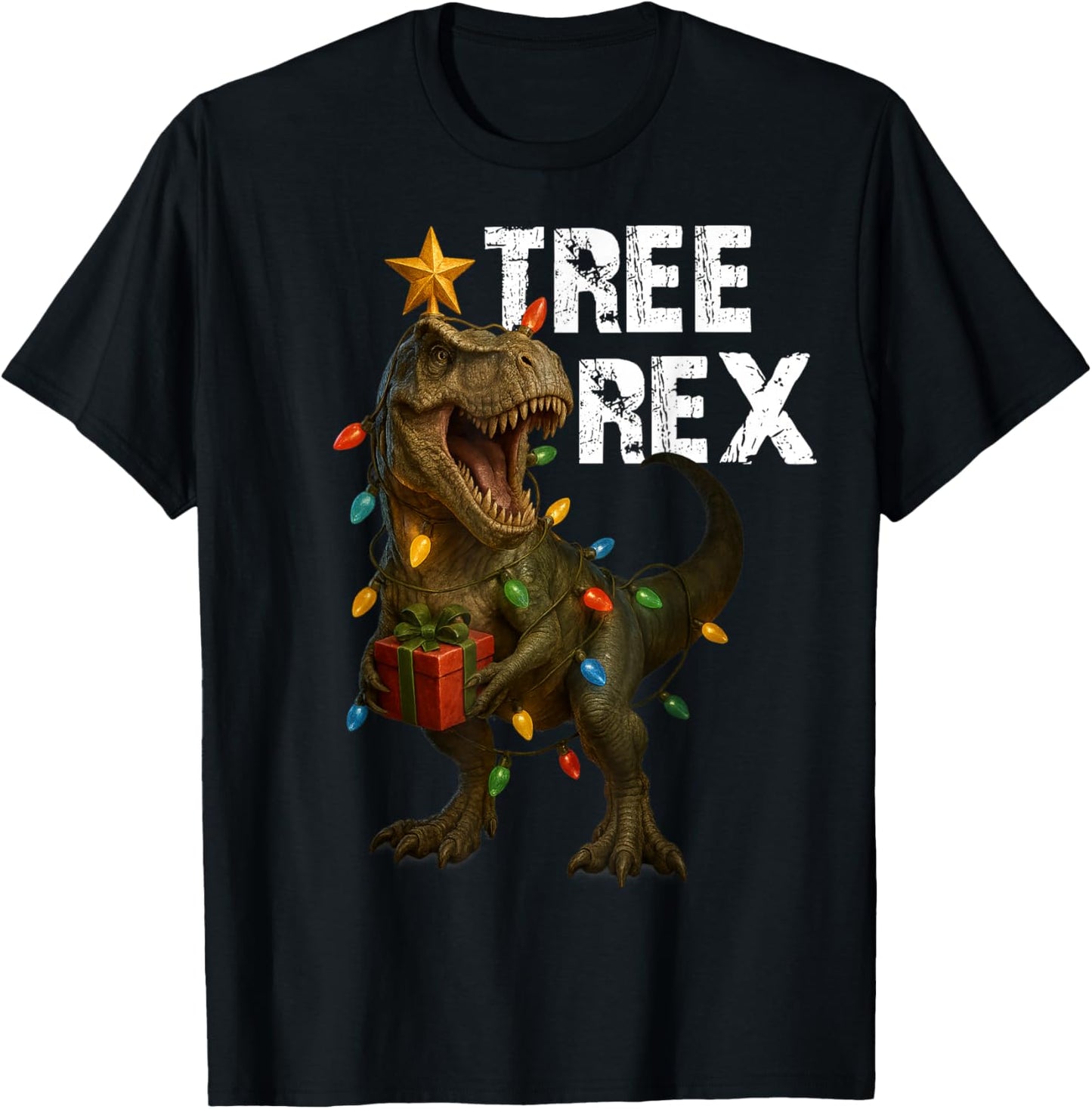 Funny Tree Rex Dinosaur Christmas Xmas Lights T-Shirt - T-Shirt | Black