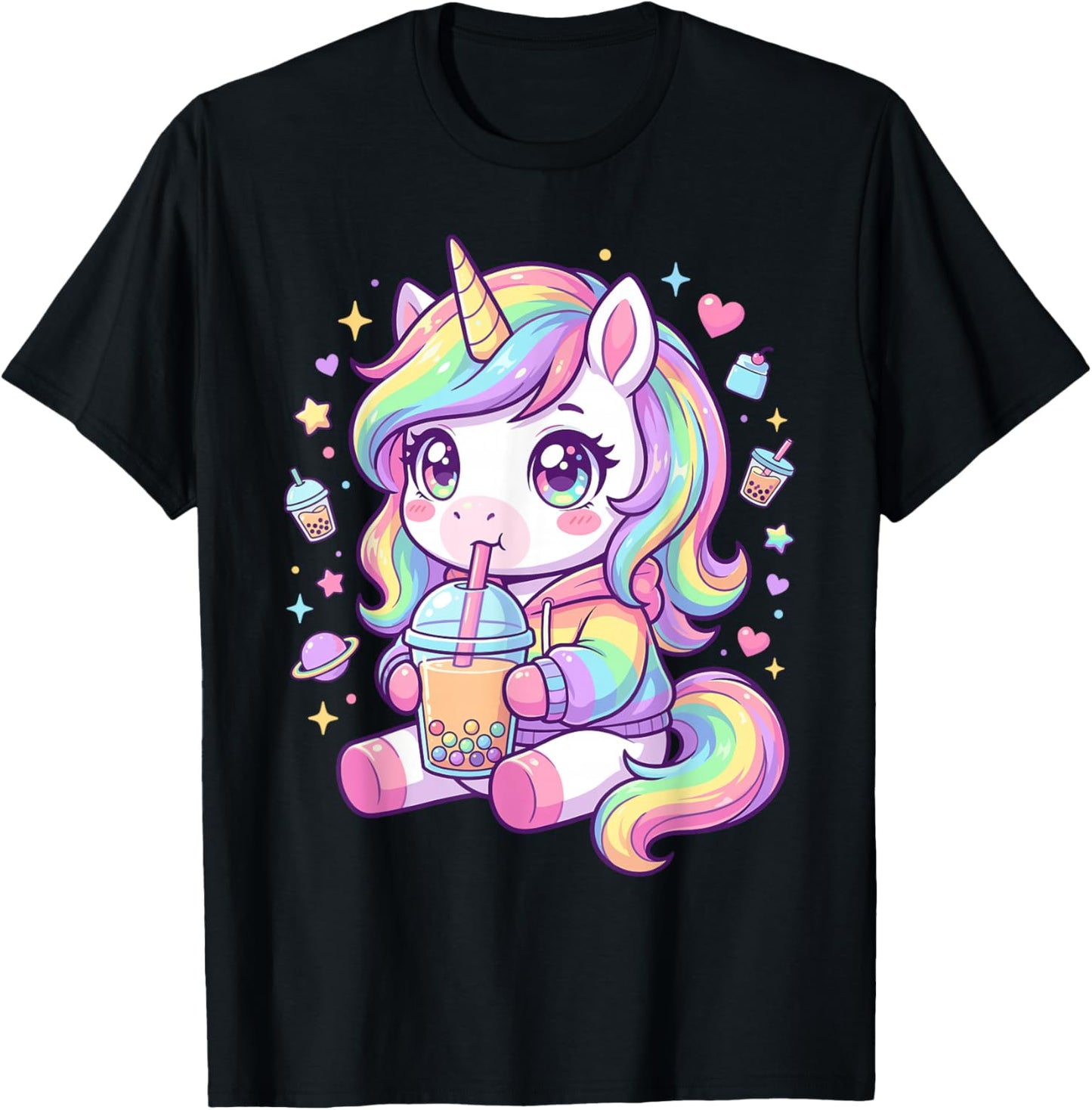 Adorable Pastel Unicorn Drinking Boba Art Kawaii Pony T-Shirt - T-Shirt | Black