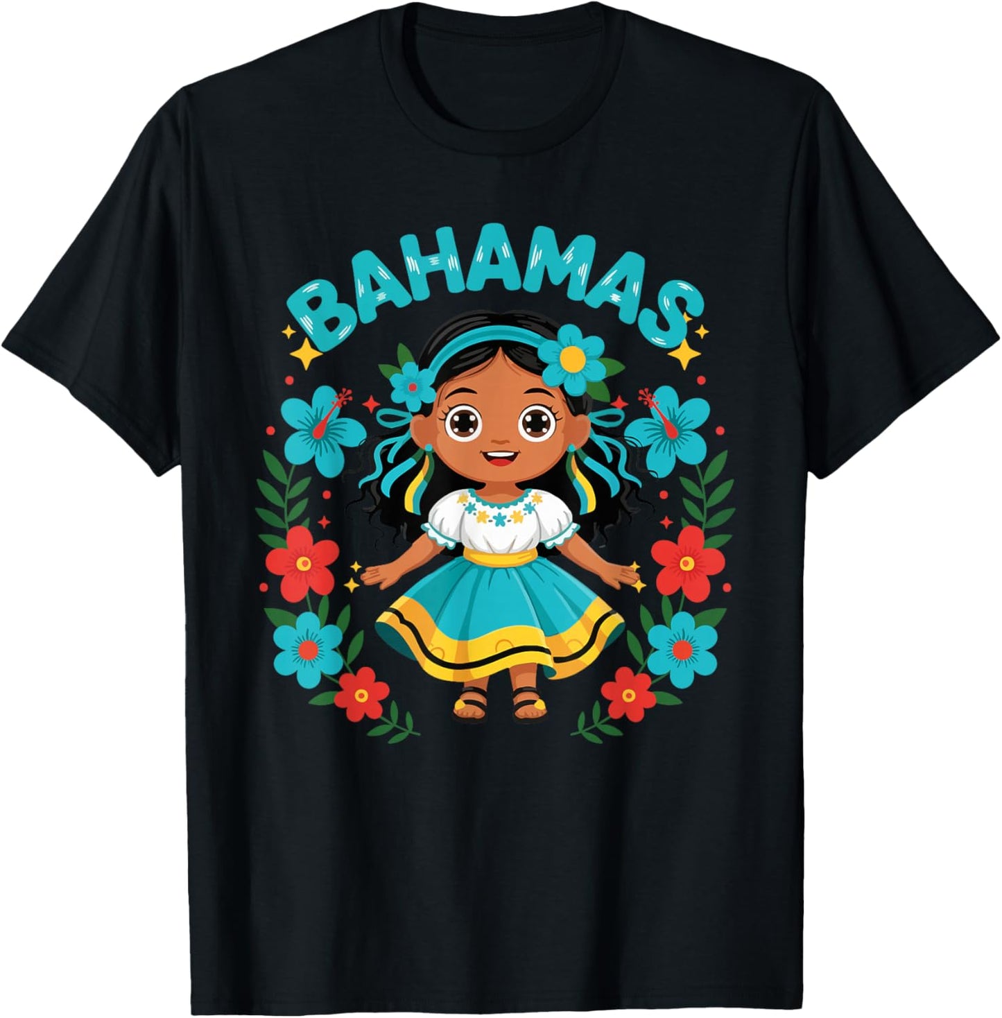 Bahamas Bahamian Girl Traditional Dress Flowers T-Shirt - T-Shirt | Black