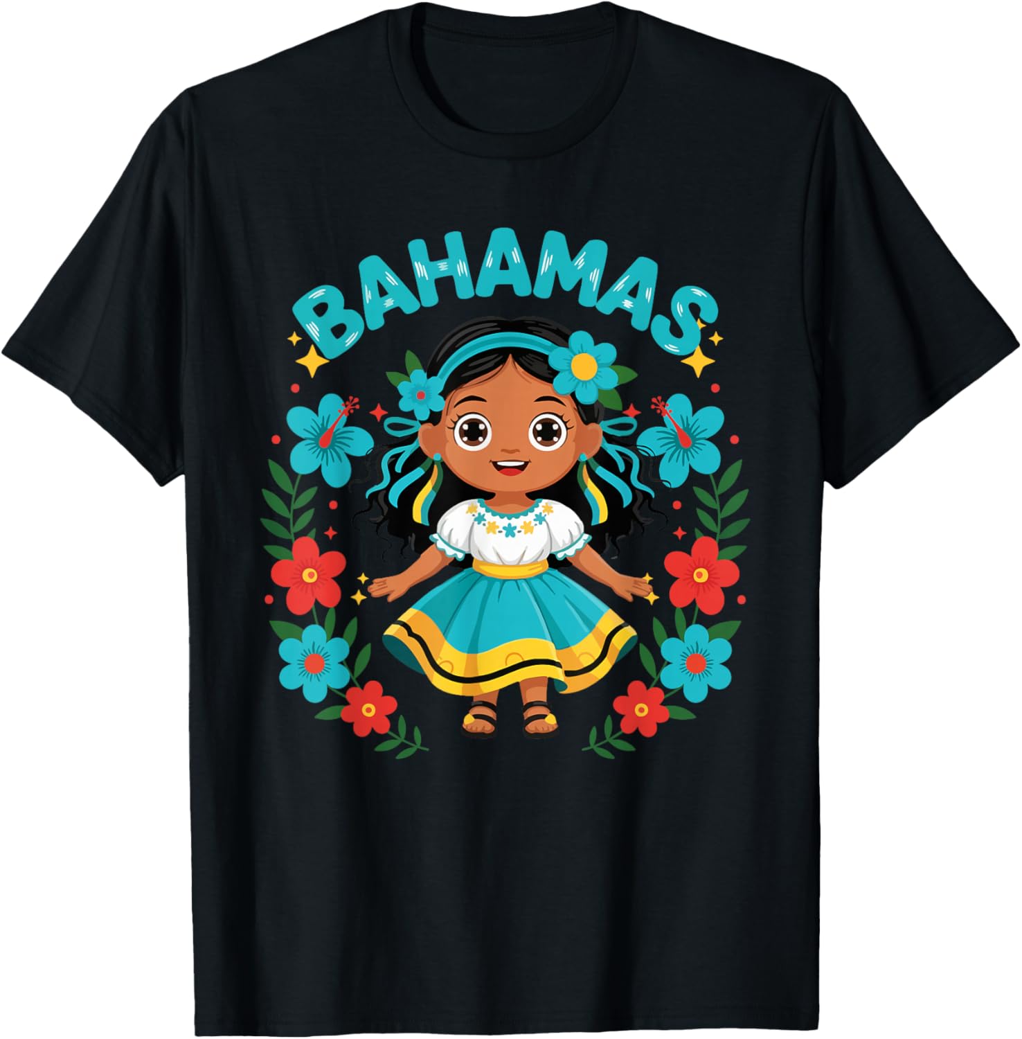 Bahamas Bahamian Girl Traditional Dress Flowers T-Shirt - T-Shirt | Black