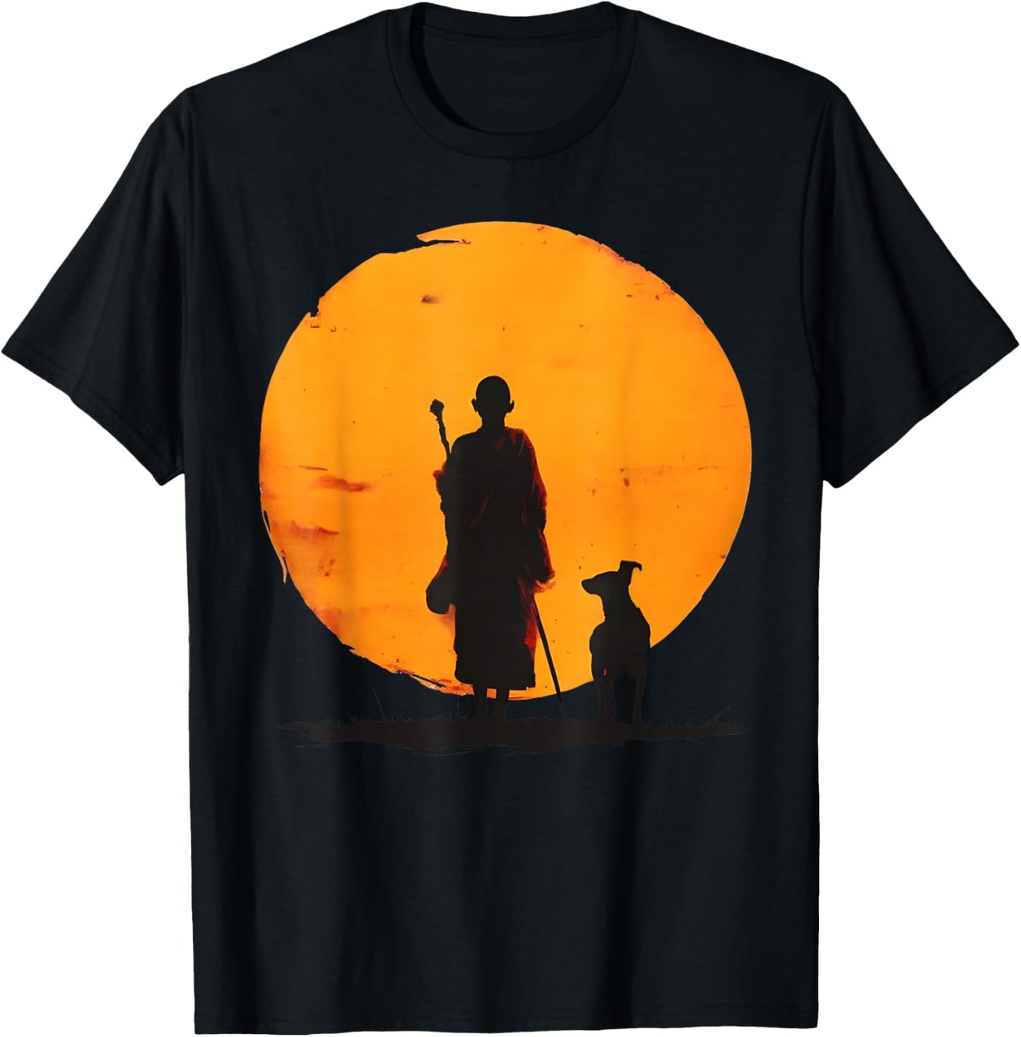 Peace Walking Monks and Dog Minimalist Zen Art T-Shirt - T-Shirt | Black