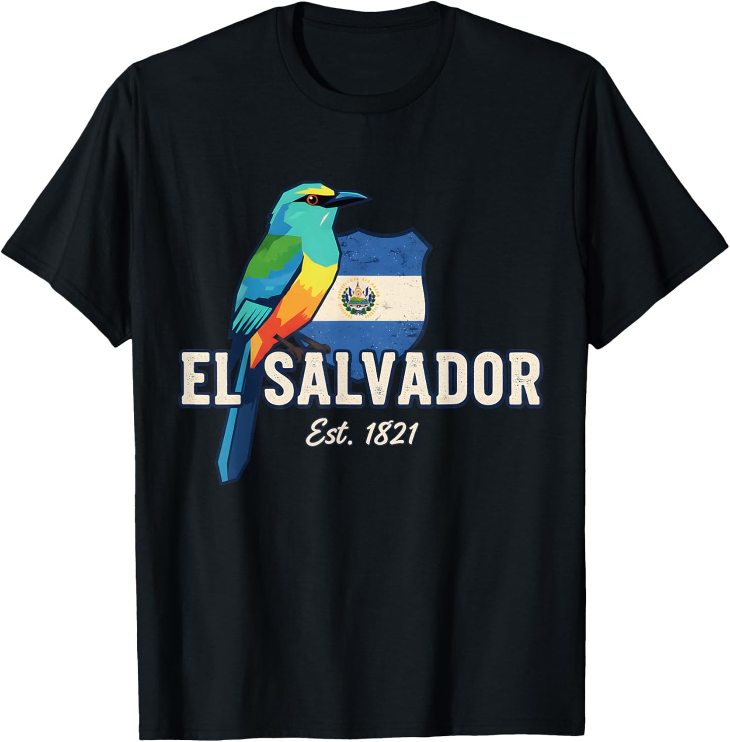 El Salvador Torogoz Bird Flag Shield Est 1821 T-Shirt - T-Shirt | Black