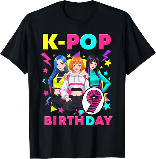 9 Years Old Birthday K Pop Kids 9th Birthday Girls K-pop T-Shirt - T-Shirt | Black