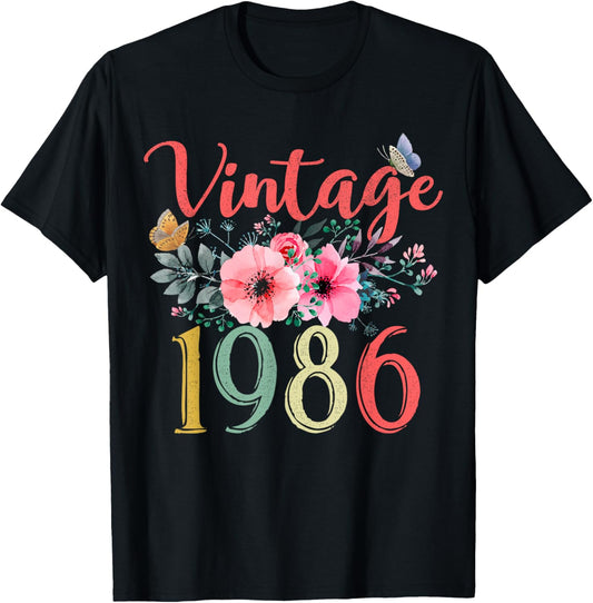 Vintage 1986 Floral Hippie Groovy Wildflower 40th Birthday T-Shirt - T-Shirt | Black