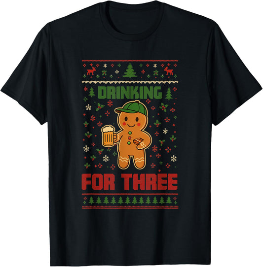 Drinking for Three Pregnancy Announcement Ugly Sweater Xmas T-Shirt - T-Shirt | Black