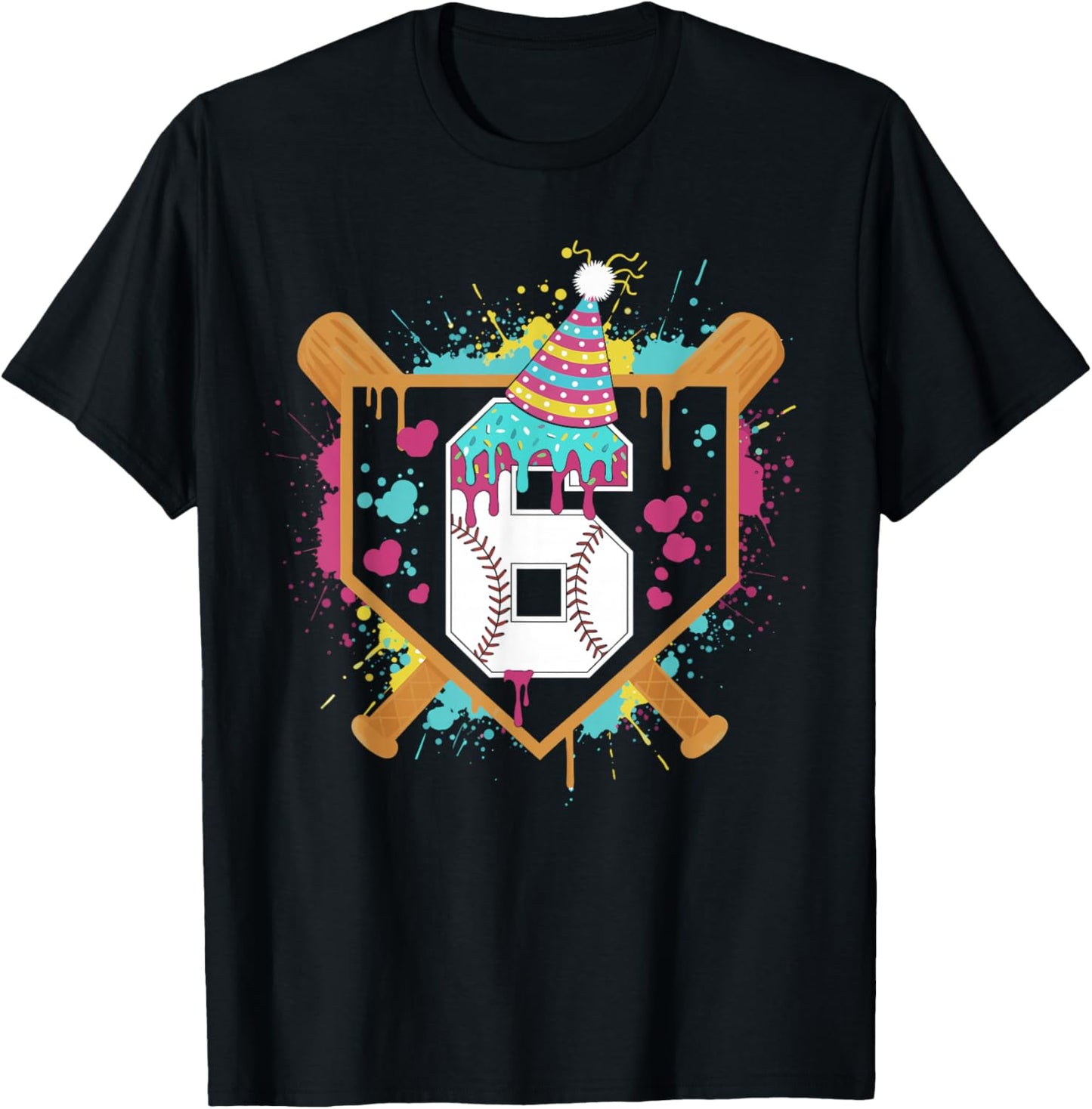 6th Birthday Baseball Drip Number 6 Year Old Birthday Boy T-Shirt - T-Shirt | Black