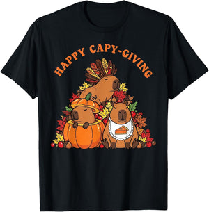 Happy Capy-Giving Funny Capybara Thanksgiving T-Shirt - T-Shirt | Black