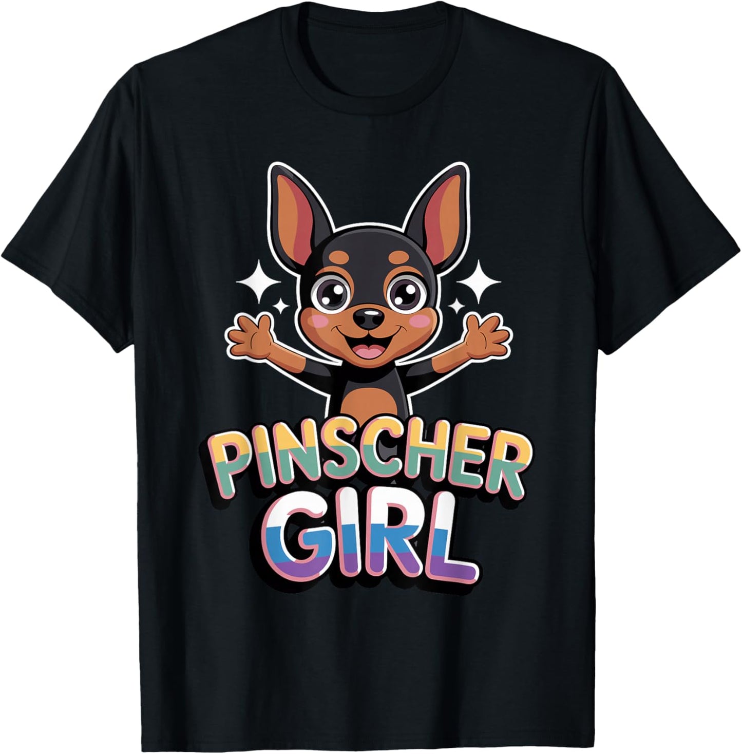 Pinscher Girl Cartoon Min Pin Small Mini Dog Pet Dog Breed T-Shirt - T-Shirt | Black