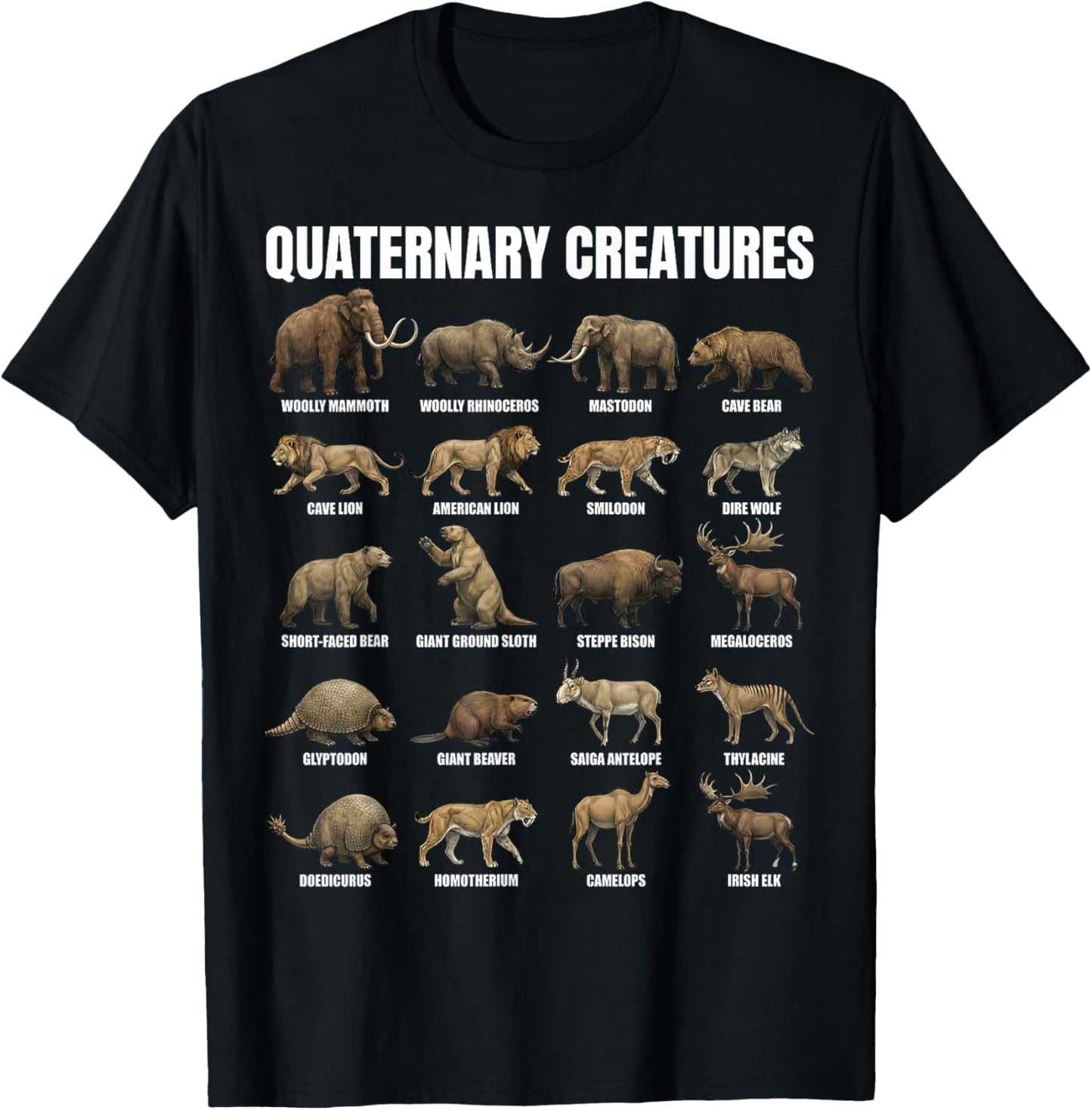 Quaternary Creatures Chart Pleistocene Megafauna Animals T-Shirt - T-Shirt | Black