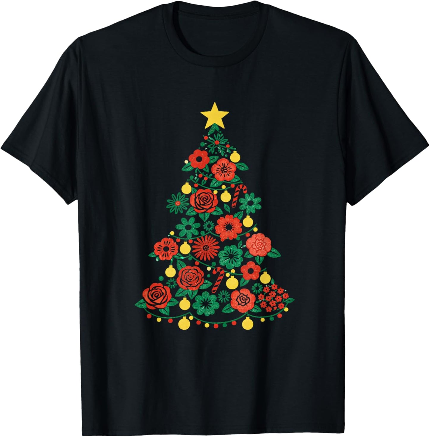 Floral Christmas Tree Girly Xmas Holiday Festive Season T-Shirt - T-Shirt | Black