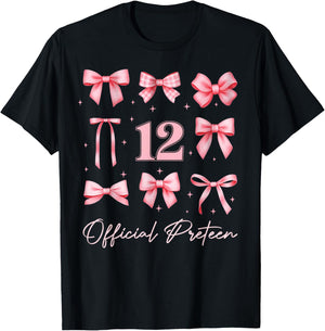 Kids 12th Birthday Girl Coquette Bow Pink Official Preteen T-Shirt - T-Shirt | Black
